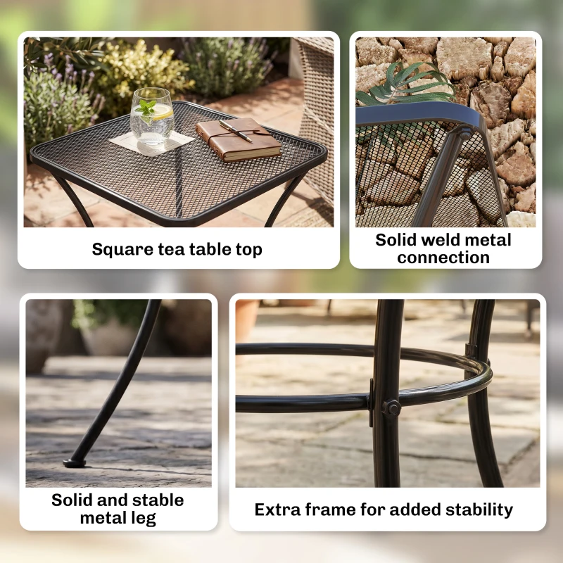 Outsunny Square Outdoor Side Table, Metal Outdoor Patio Table, Garden Coffee Side Bistro Tables with Mesh Grid Top for Balcony, Porch, Backyard, 17.7" x 17.7" x 19.7", Black