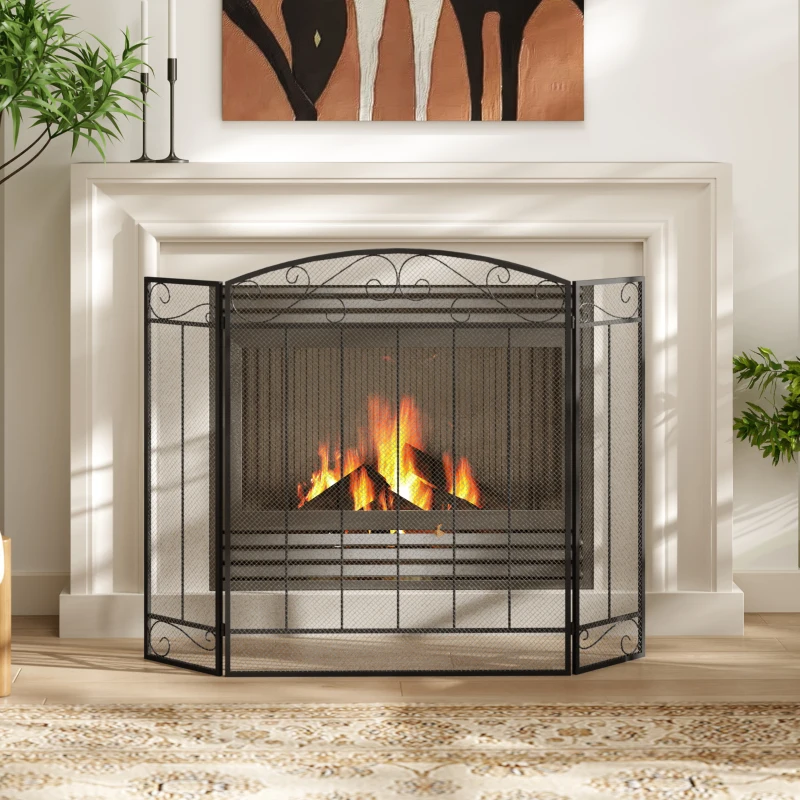 HOMCOM 3-Panel Folding Fireplace Screen, Steel Mesh Fire Spark Guard Cover with Decorative Vine Pattern for Living Room Indoor Decor, 41.25" x 31.75", Black
