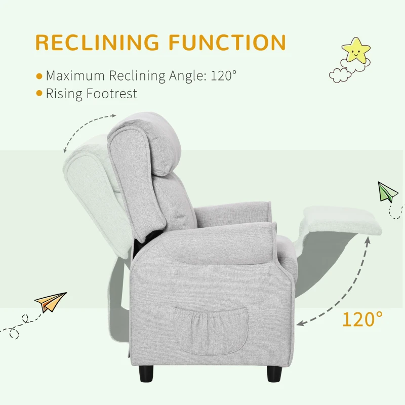 Qaba Kids Recliner Chair Children Sofa Angle Adjustable Single Lounger Armchair Gaming Chair, Light Grey