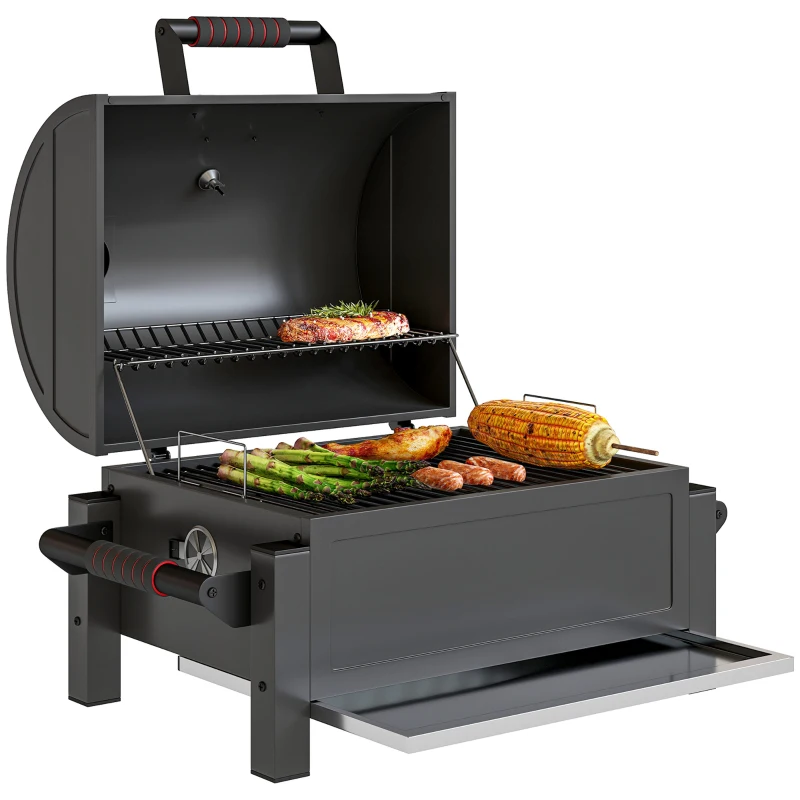 Outsunny Tabletop Charcoal Smoker, Portable BBQ with Ash Catcher and Thermometer for Backyard, Camping, Picnic, Black