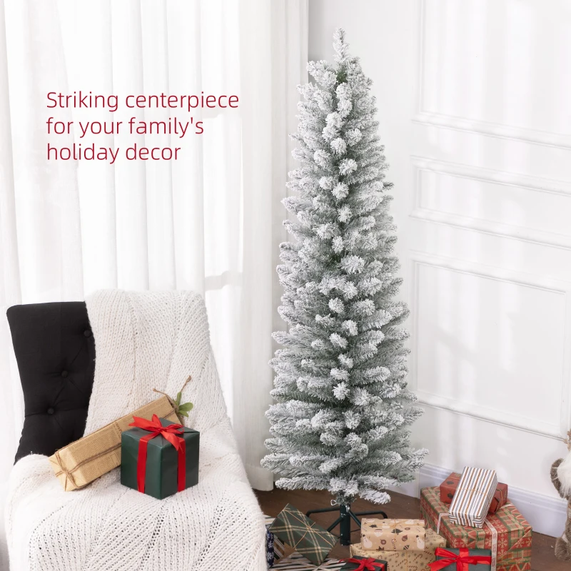 HOMCOM 5ft Artificial Christmas Tree, Snow Flocked Branches, Metal Base, Pencil Xmas Tree