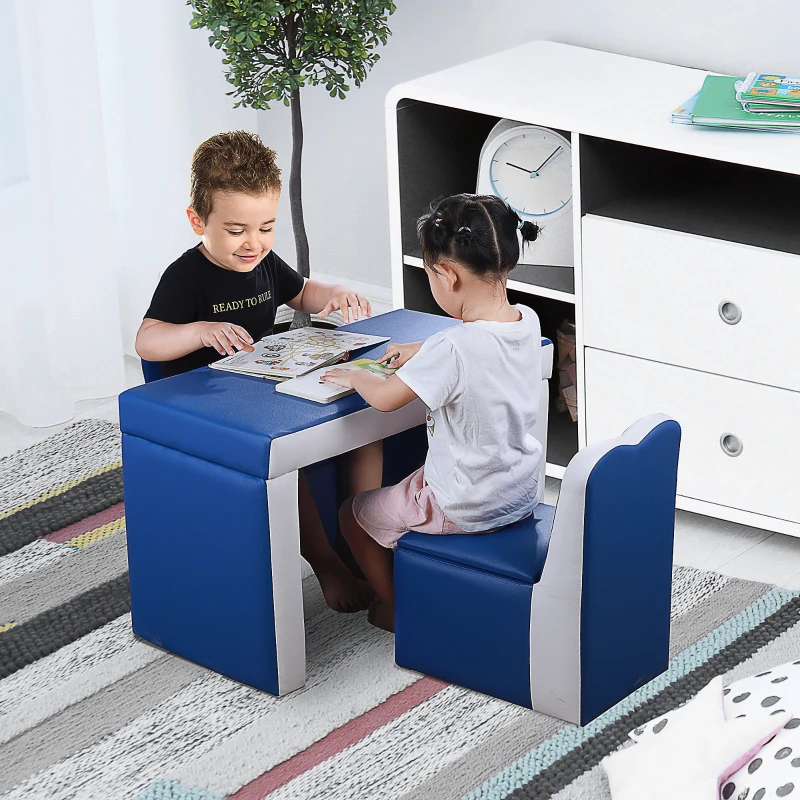 Qaba Kids Sofa Set 2-in-1 Multi-Functional Toddler Table Chair Set 2 Seat Couch Storage Box Soft Sturdy Blue