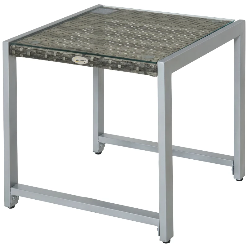 Outsunny Rattan Coffee Table, Wicker Patio Side Table with Tempered Glass Top and Aluminum Frame for Outdoor, Garden, Gray