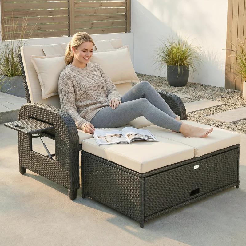 Outsunny Patio Rattan Daybed, Wicker Outdoor Daybed with Storage Ottoman, Loveseat w/ Adjustable Backrest, Beige