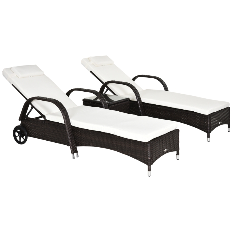 Outsunny Wicker Outdoor Chaise Lounge Chair Set of 3 with Side Table, 5-Level Adjustable Backrest PE Rattan Pool Lounge Chair with Wheels, Cushion & Headrest, Brown and Cream White