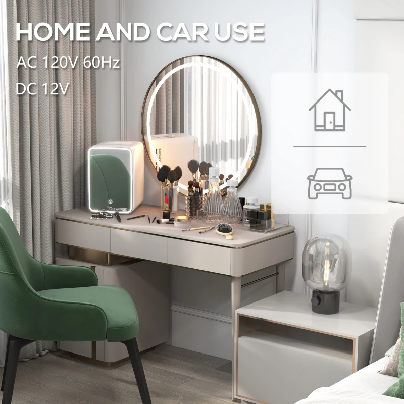HOMCOM Skincare Fridge for Bedroom, Car with LED Mirror, Cooler and Warmer, AC/DC Powered Mini Fridge for Skincare, Beverage