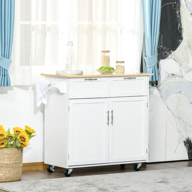 HOMCOM 41" Modern Rolling Kitchen Island on Wheels, Utility Cart Storage Trolley with Rubberwood Top & Drawers, White