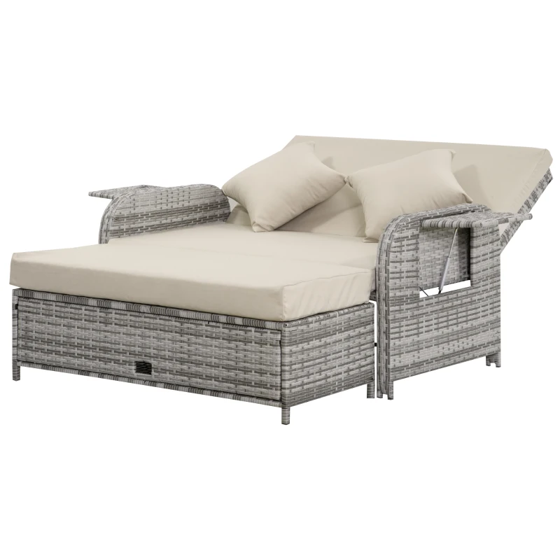 Outsunny Patio Rattan Daybed with Cushions, Wicker Outdoor Bed Lounger w/ Loveseat, Storage Ottoman, Coffee & Side Tables, for Poolside, Porch, Backyard, Gray