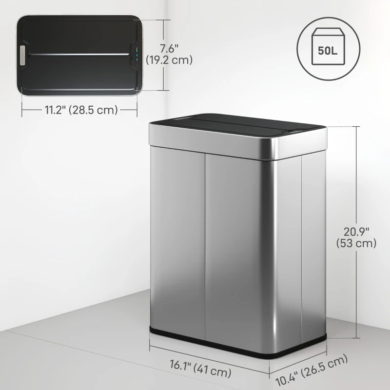 HOMCOM 13.2 Gallon (50 L) Sensor Can, Garbage Can with Soft-Close Butterfly Lid, Fingerprint-Proof Stainless Steel, Silver