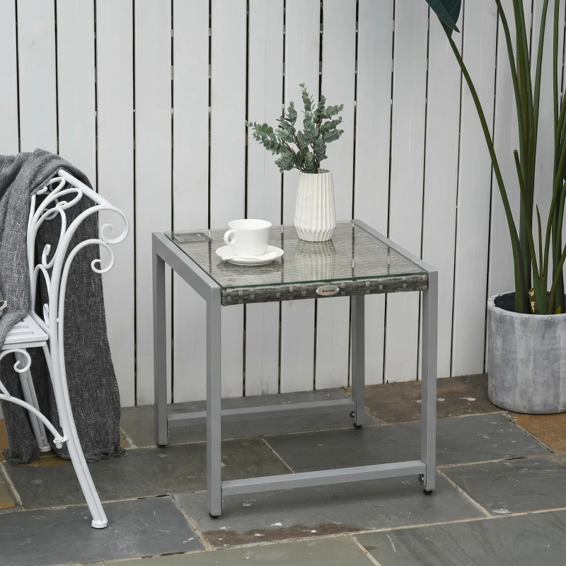 Outsunny Rattan Coffee Table, Wicker Patio Side Table with Tempered Glass Top and Aluminum Frame for Outdoor, Garden, Gray