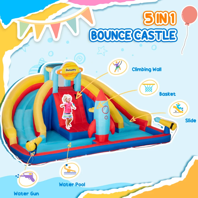 Outsunny 5-in-1 Inflatable Water Slide, Rocket Themed Kids Castle Bounce House with Slide, Pool, Water Cannon, Basket, Climbing Wall Includes Carry Bag, Repair Patches, 750W Air Blower
