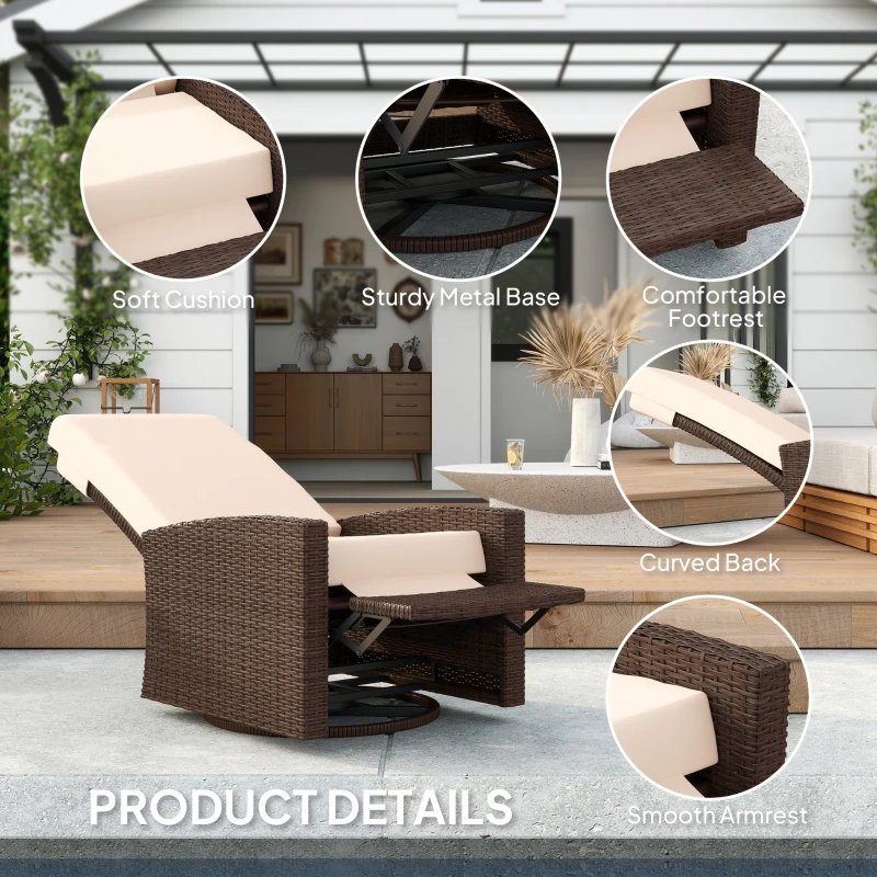 Outsunny Outdoor Wicker Swivel Recliner Chair, Lifting Footrest, 360° Rotating Basic, Water-resistant Cushions, Cream White
