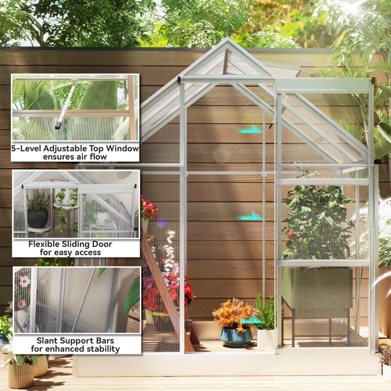 Outsunny 6' x 4' Walk-In Greenhouse, Polycarbonate Greenhouse with Sliding Door, Window, Aluminium Frame, Foundation, Silver