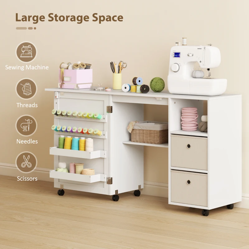 HOMCOM Rolling Sewing Machine Table with Power Outlet, Folding Craft Table with 2 Fabric Drawers, 2 Bins and 18 Pegs, White