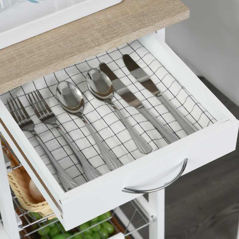 HOMCOM Rolling Kitchen Cart, Utility Storage Cart with 4 Baskets, Drawer, Side Racks, Wheels for Dining Room, Natural and White