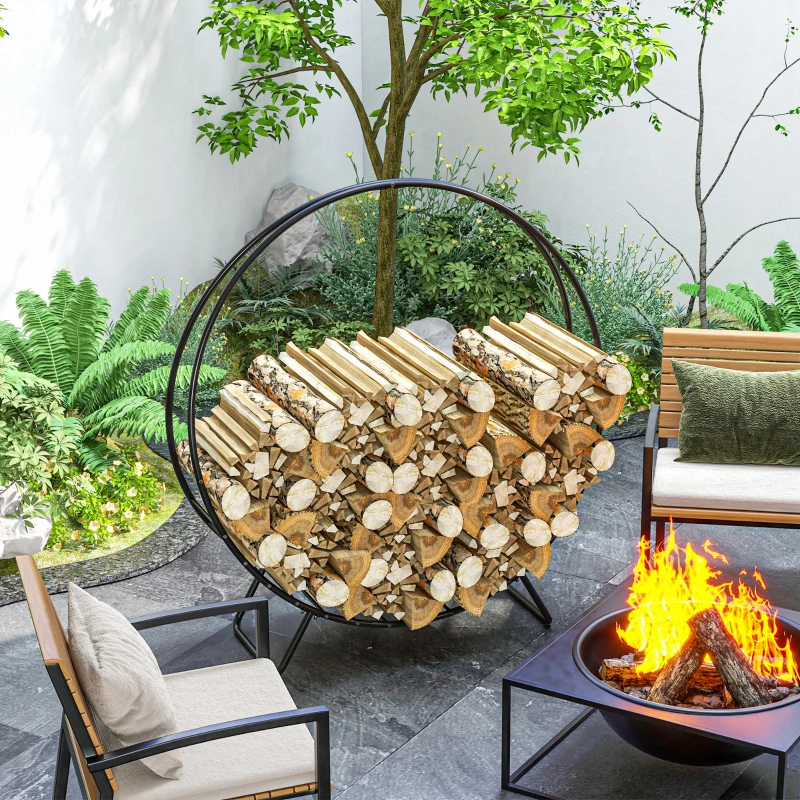 Outsunny 48" Firewood Rack with Waterproof Cover, Heavy Duty Wood Storage Holder Log Rack for Indoor Outdoor, Black