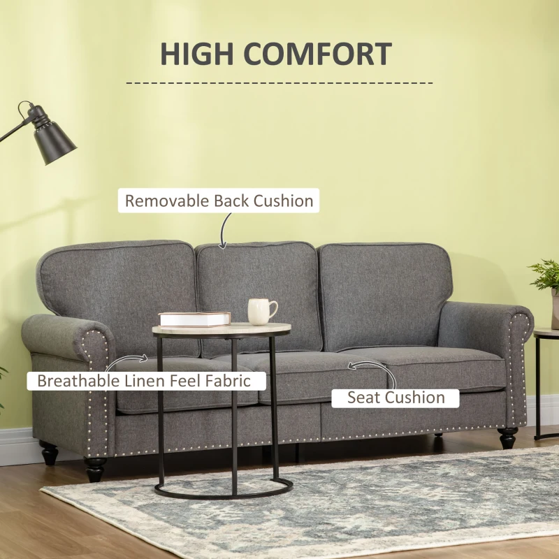 HOMCOM 3-Seater Sofa Couch, 81" Modern Upholstered Linen Fabric Sofa with Rubberwood Legs, Nailhead Trim and Rolled Arms for Living Room, Bedroom and Apartment, Grey