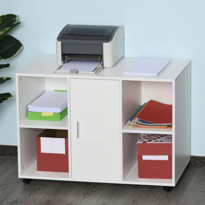 Vinsetto Mobile File Cabinet and Printer Stand for Home Office, Mobile Printer Table with 4 Open Storage Shelves, Door Cabinet, Wheels, White