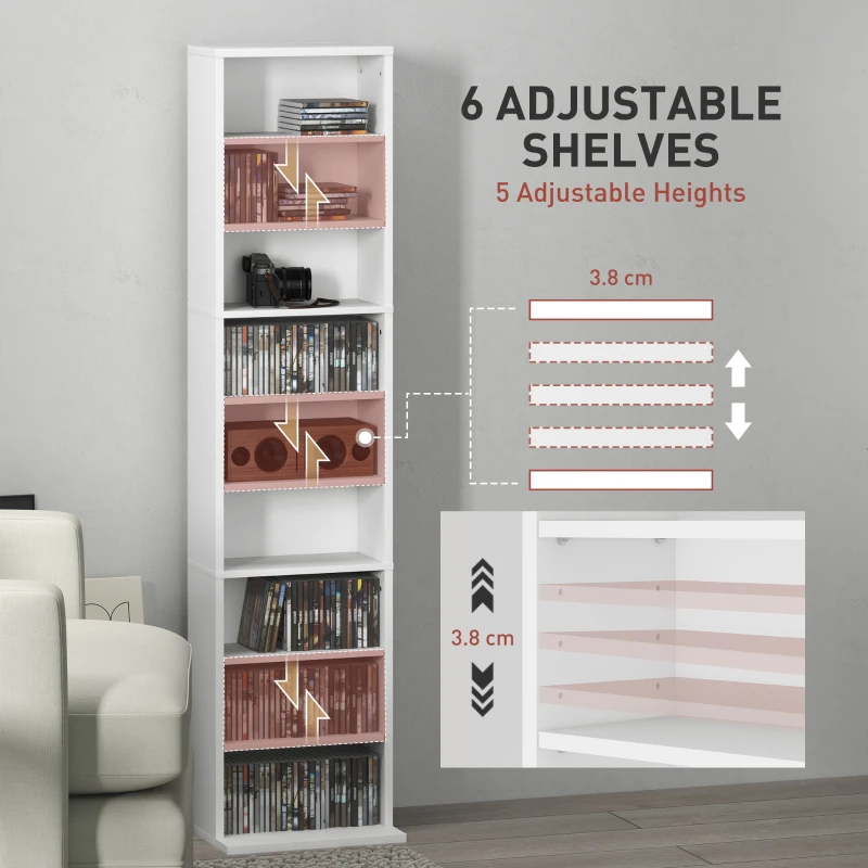 HOMCOM Media Storage Cabinet, 9-Tier Tall Narrow DVD Shelf with 6 Adjustable Shelves, White