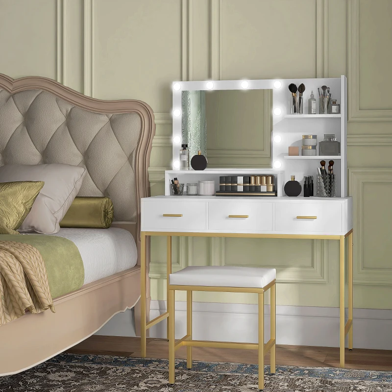 HOMCOM Illuminated Dressing Table, LED Vanity Table with Mirror, 3 Drawers and Storage Shelves for Bedroom, White