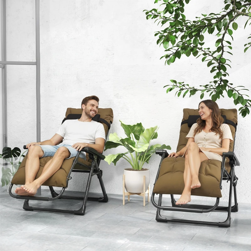 Outsunny Folding Garden Chairs Set of 2, Reclining Zero Gravity Chair, Sun Lounger with Cushion and Headrest, Khaki
