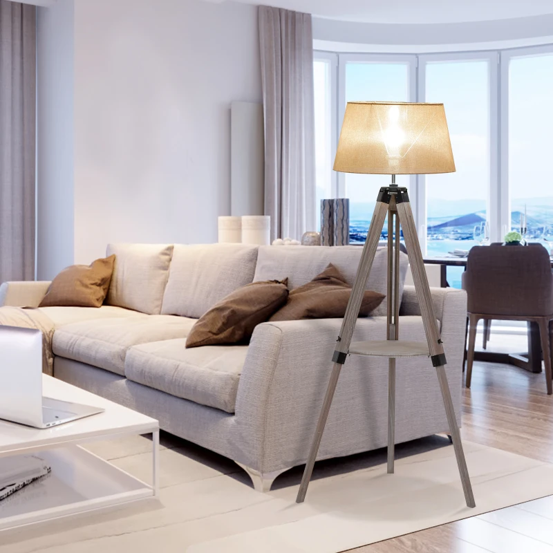 HOMCOM Multifunctional Floor Lamp with Shelf Height Adjustable Standing Lamp, Wood, and Beige