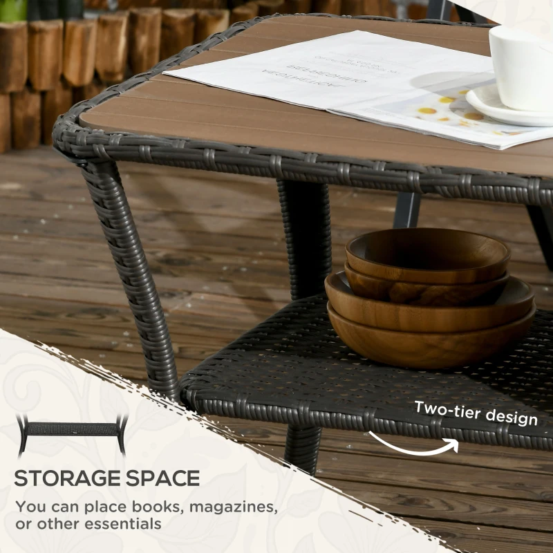 Outsunny Outdoor Patio PE Rattan Coffee Table with Storage Shelf, Wicker Side Table with Wood-Plastic Composite Top, Mixed Brown