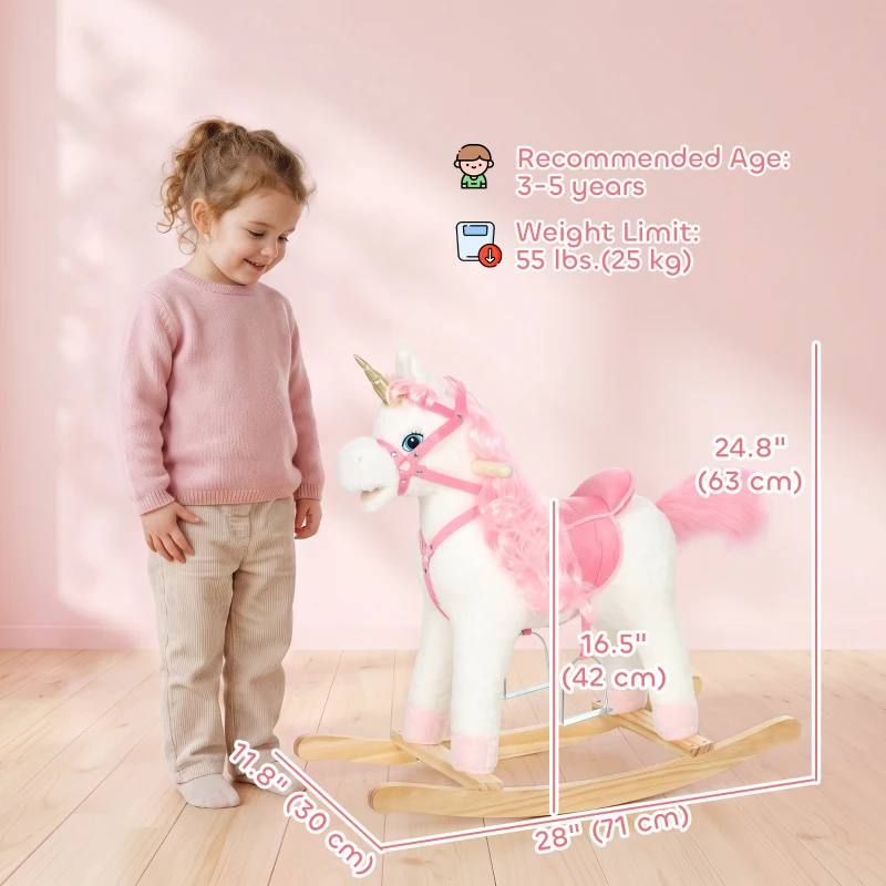 Qaba Baby Rocking Horse, Unicorn Kid Ride on Toy with Rocking Limit, Tail Wag Mouth Movement, Sounds for 3-5 Y, White