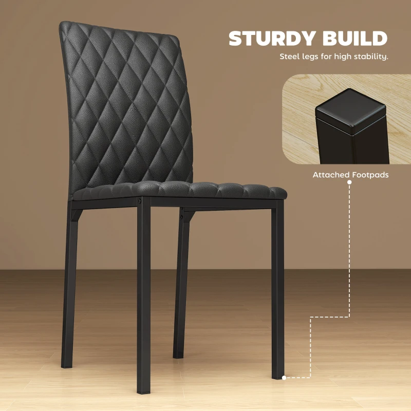 HOMCOM Modern Dining Chairs Set of 4, Upholstered Faux Leather Kitchen Chairs with Rhombic Tufting and Metal Legs for Living Room, Black