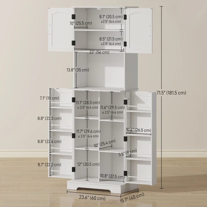 HOMCOM 71.5" Tall Pantry Cabinet, Farmhouse Kitchen Storage Cabinet with Adjustable Shelves, 8 Door Spice Racks, White