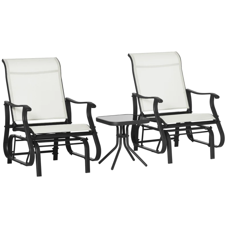 Outsunny 3PCs Gliding Rocking Chair & Bistro Tea Table Set, Cream White