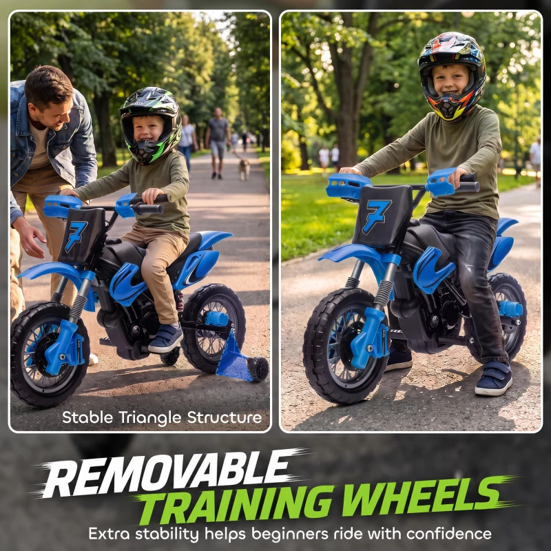 Qaba 12V Kids Electric Motorcycle, Ride on Motorcycle with Training Wheels, Rear Suspension, Horn for 3-6 Years, Blue