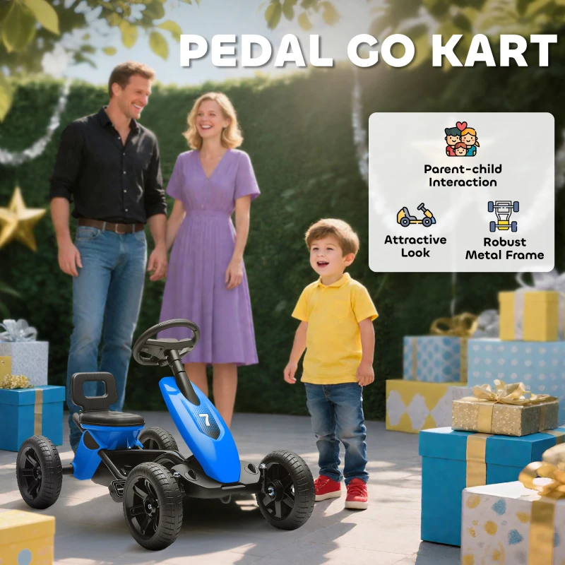 Qaba Pedal Go Kart for Kids 2-5 Years Old with Silent EVA Wheels, Metal Frame, Blue