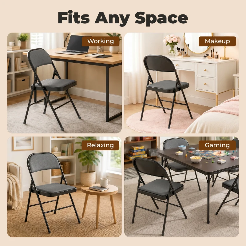 HOMCOM Set of 4 Metal Foldable Chairs, PU Leather Padded Folding Chairs with Cushion Seat and Open Back for Indoor, Black