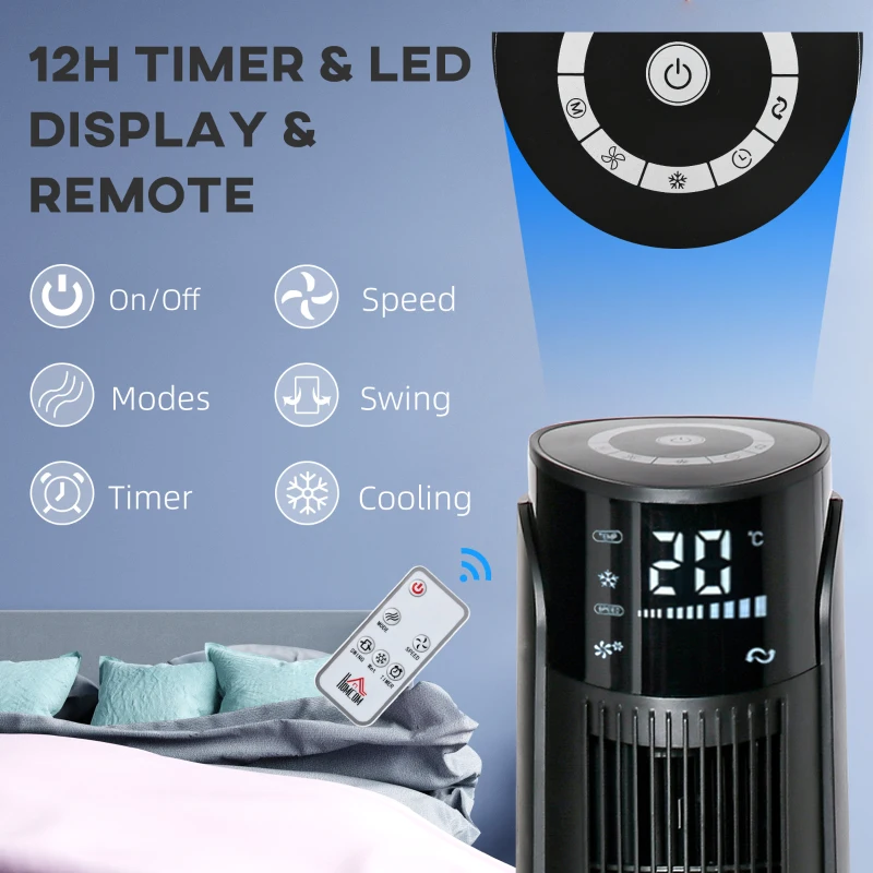 HOMCOM 42'' Evaporative Air Cooler, Ice Cooling Fan with 3 Speeds, 4 Modes, 12 Hour Timer, LED Display and Remote Control for Bedroom, Office or Living Room, Black