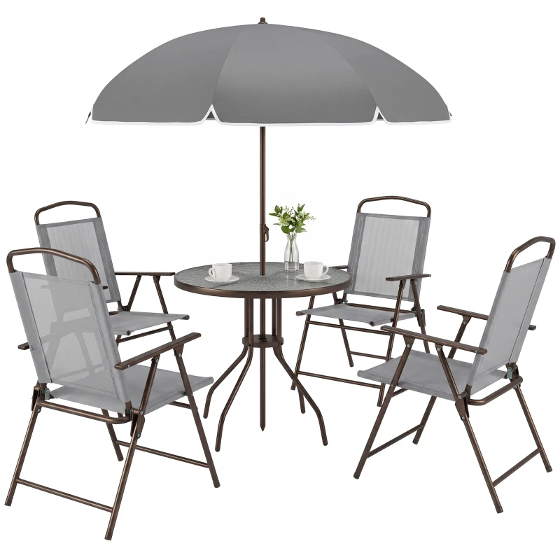 Outsunny 6 Pieces Outdoor Dining Set for 4 with Umbrella Patio Outdoor Furniture Set with Round Table 4 Folding Chairs Grey