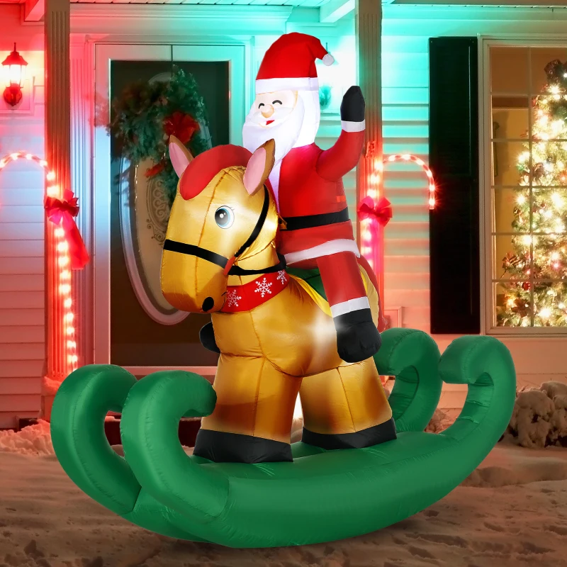 HOMCOM 6ft Christmas Inflatables Outdoor Decorations Santa Claus Riding a Rocking Horse, Blow-Up Yard Christmas Decor with LED Lights Display