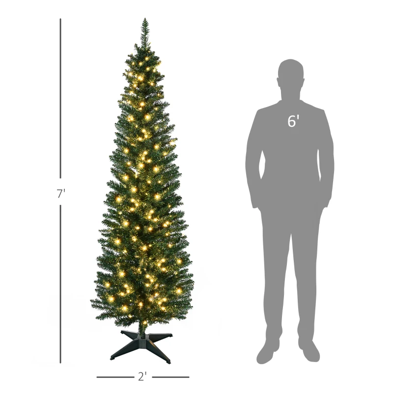 HOMCOM 7' Tall Pre-Lit Slim Noble Fir Artificial Pencil Christmas Tree with 200 Warm White LED Lights and 499 Tips, for Christmas Decoration, Green