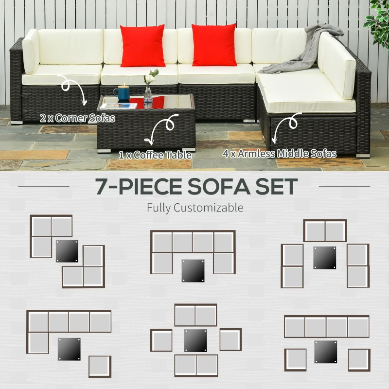 Outsunny 7 Piece Patio Furniture Set, Wicker Outdoor Sectional Sofa Set, All Weather PE Rattan Outdoor Furniture Conversation Sets with Cushions, Glass Top Coffee Table, Pillows, Cream White