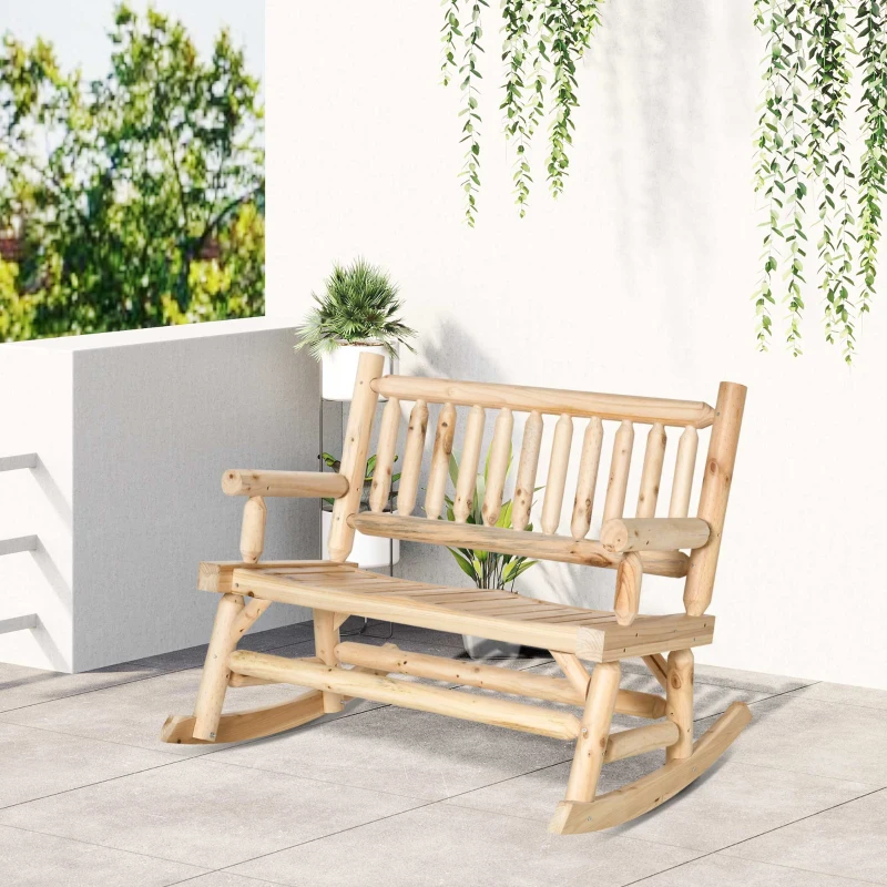 Outsunny 2-Person Wood Rocking Chair with Log Design, Heavy Duty Loveseat with Wide Curved Seats for Patio, Backyard, Garden, Natural