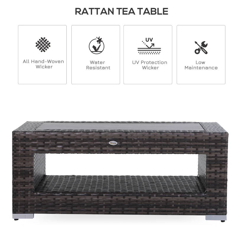Outsunny Wicker Coffee Table with Height Adjustable Feet, 2 Tier Storage Shelf, Rattan Wicker Patio Table with Deluxe Slatted Top for Outdoor, Patio, Garden, Backyard, Mixed Grey