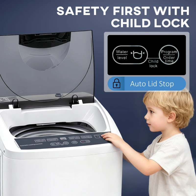 HOMCOM Compact Washer, Portable Washing Machine, Full Automatic Washer with 8 Programs and 6 Water Levels, White