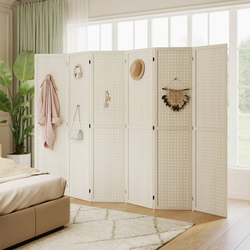 HOMCOM 5.6 Ft. Tall 6-Panel Room Divider, Pegboard Panel Folding Privacy Screen, Partition Wall Divider for Bedroom, White