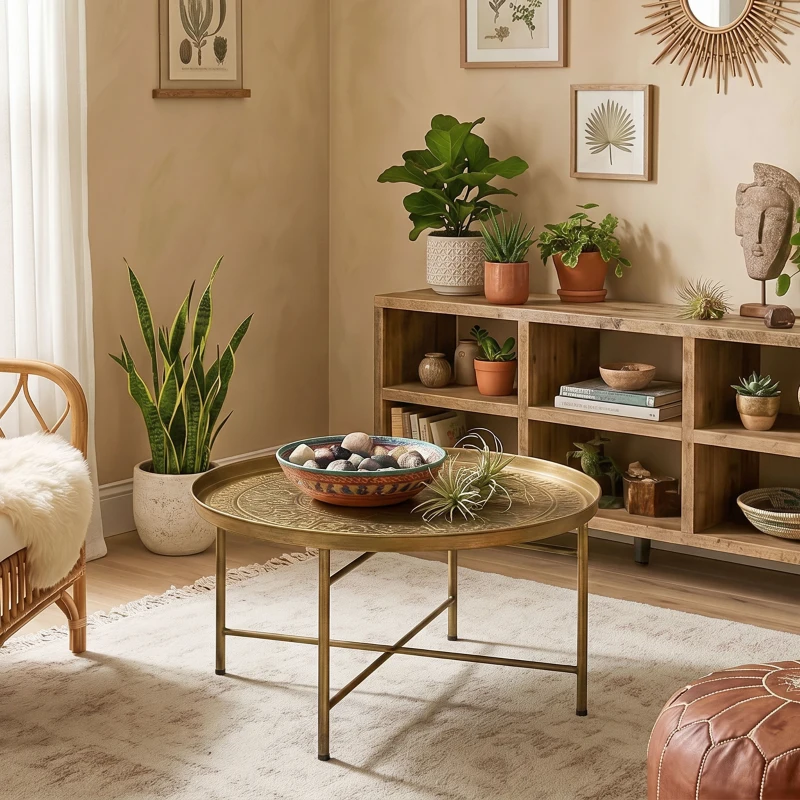 HOMCOM Coffee Table for Living Room, 24" Round Center Table with Hammered Tray Top and Metal Frame for Bedroom, Gold