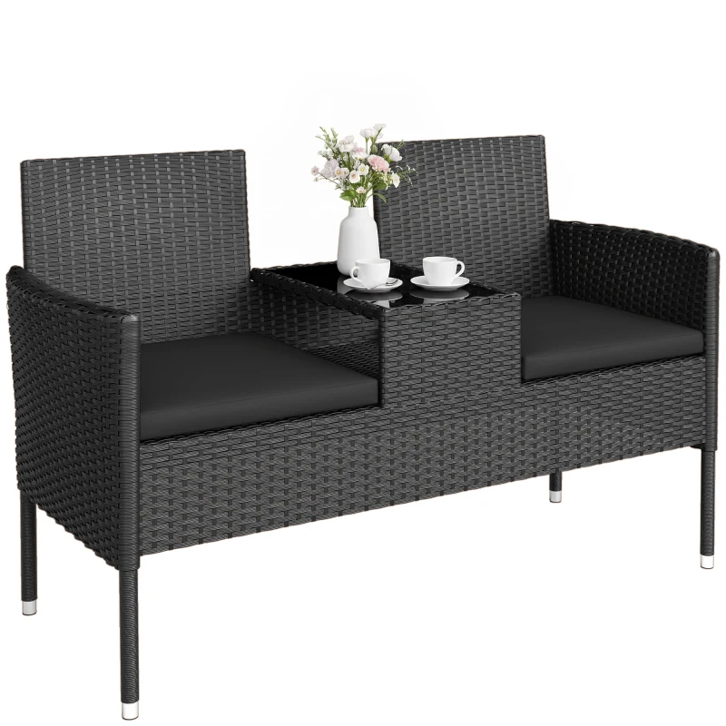 Outsunny Patio Furniture w/ Mid-Table PE Rattan Loveseat w/ Cushion, Black