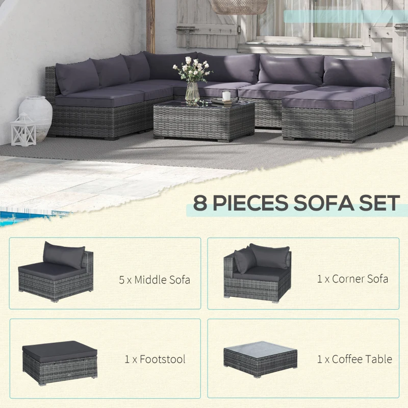 Outsunny Patio Furniture Set, 8 Pieces, Sectional Sofa, All Weather PE Rattan Conversation Set, Tempered Glass Table, 6 Seats, Ottoman Footstool, Cushions for Lawn, Backyard, Gray