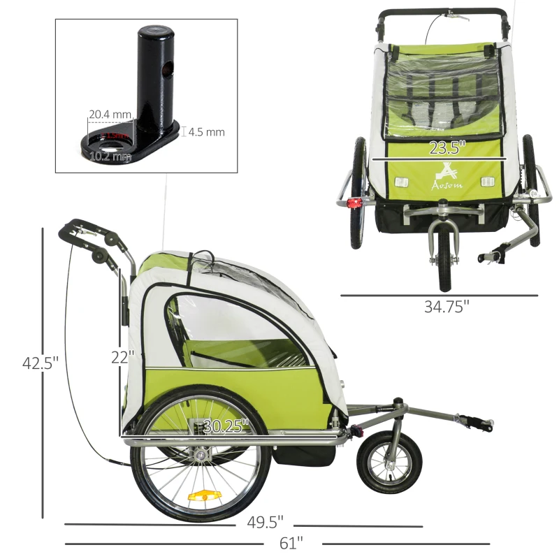Aosom Elite 360 Swivel Bike Trailer for Kids Double Child Two-Wheel Bicycle Cargo Trailer With 2 Security Harnesses, Green