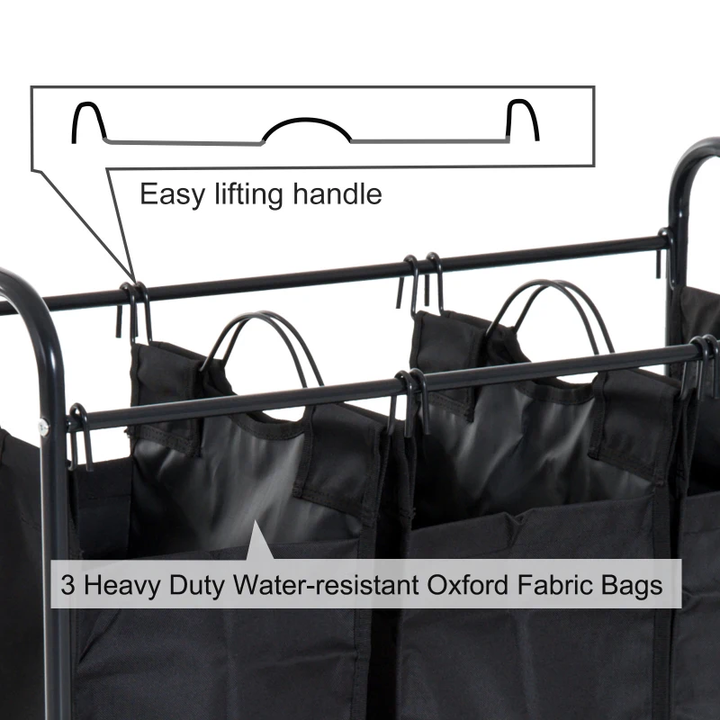 HomCom 3 Bag Heavy Duty Divided Laundry Hamper Sorter Cart With Wheels And Hanging Bar - Black