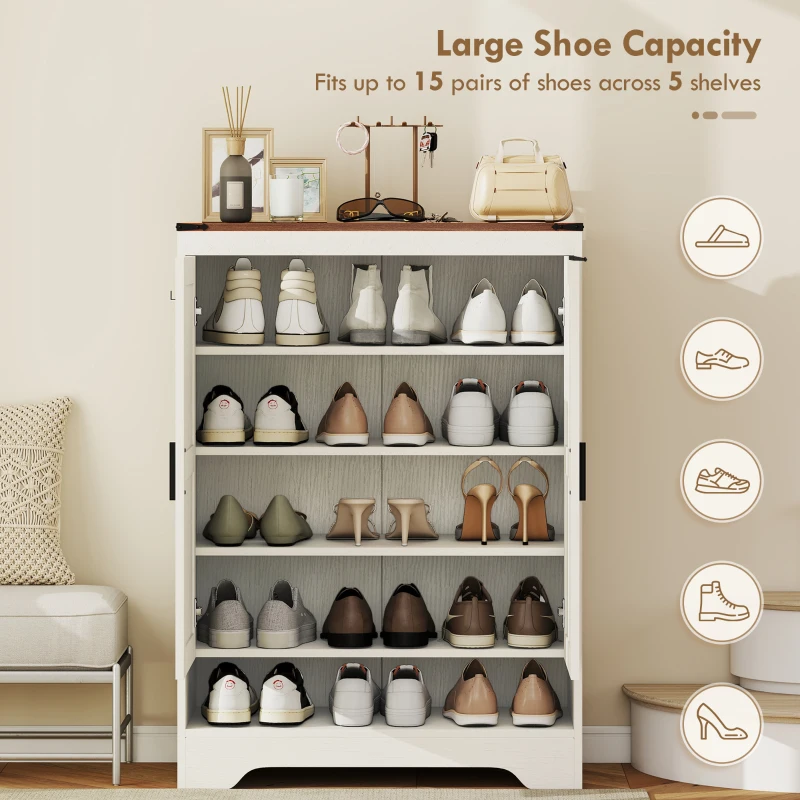 HOMCOM 5-Tier Shoe Storage Cabinet for 15 Pairs, Freestanding Farmhouse Shoe Cabinet, White