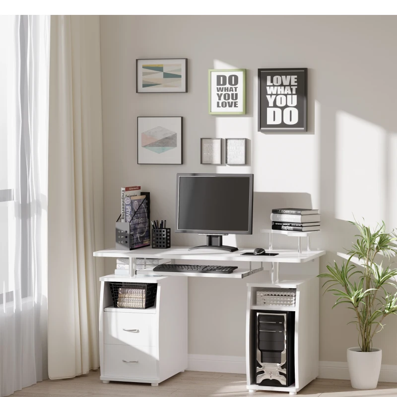 HOMCOM Multi-Function Computer Desk Home Office Workstation with Sliding Keyboard Tray, Elevated Shelf, Drawers and CPU Stand, White